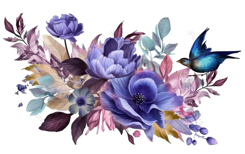 叶子图片,牡丹花元素,手绘鸟PNG,花卉免抠素材